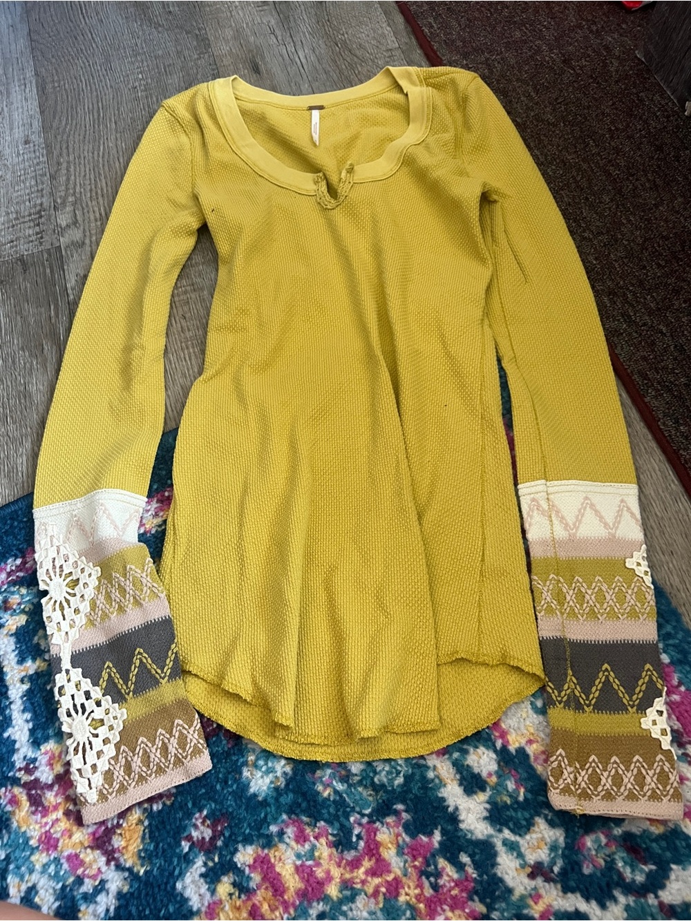 Free people Mustard Yellow Women's Knit Sweater with Patterned Crochet Cuffs